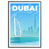 En panoramavy av Dubais skyline vid skymningen, med moderna skyskrapor och en gradient av blått och grått. - i en svart ram