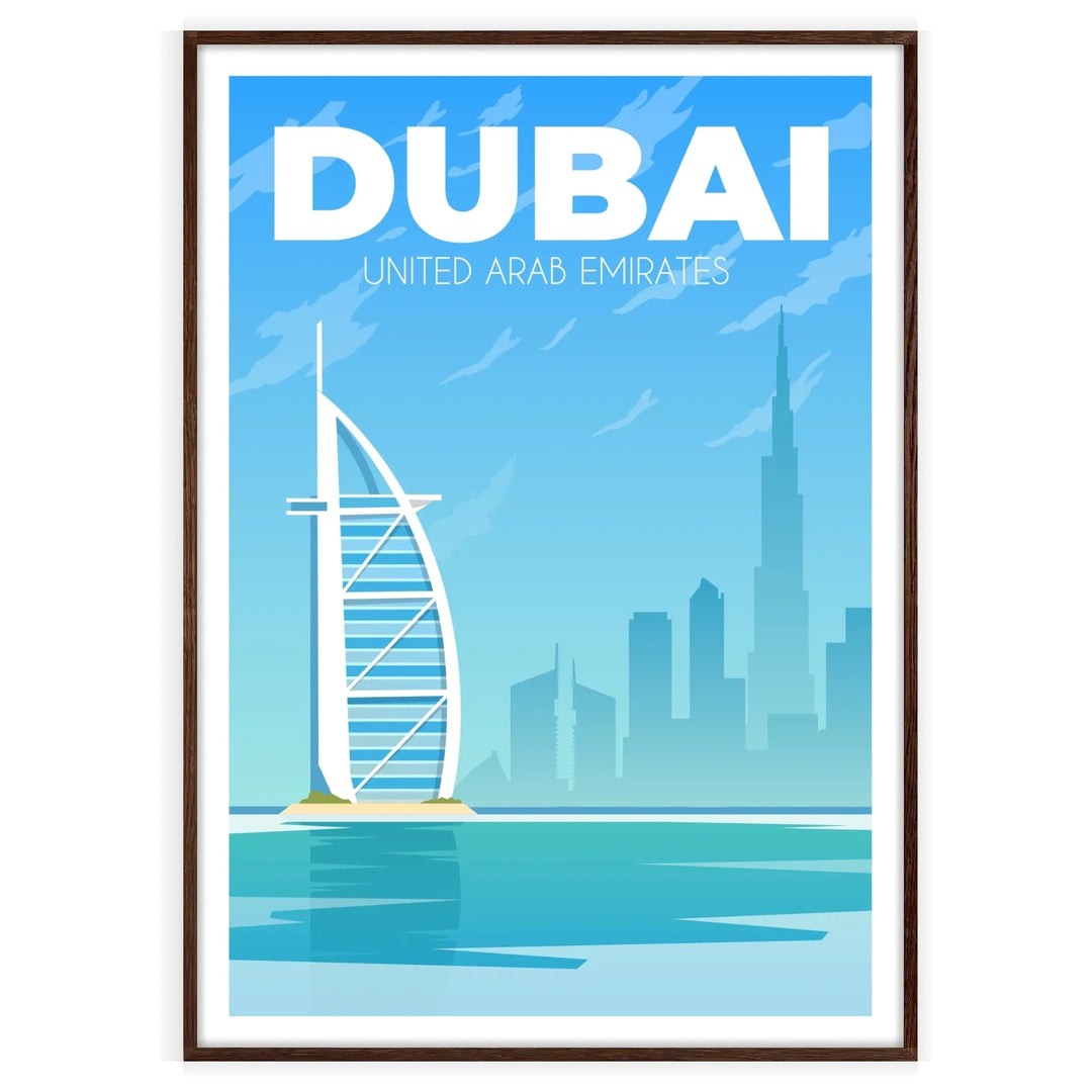 En panoramavy av Dubais skyline vid skymningen, med moderna skyskrapor och en gradient av blått och grått. - i en valnötsram