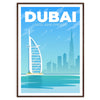 En panoramavy av Dubais skyline vid skymningen, med moderna skyskrapor och en gradient av blått och grått. - i en valnötsram