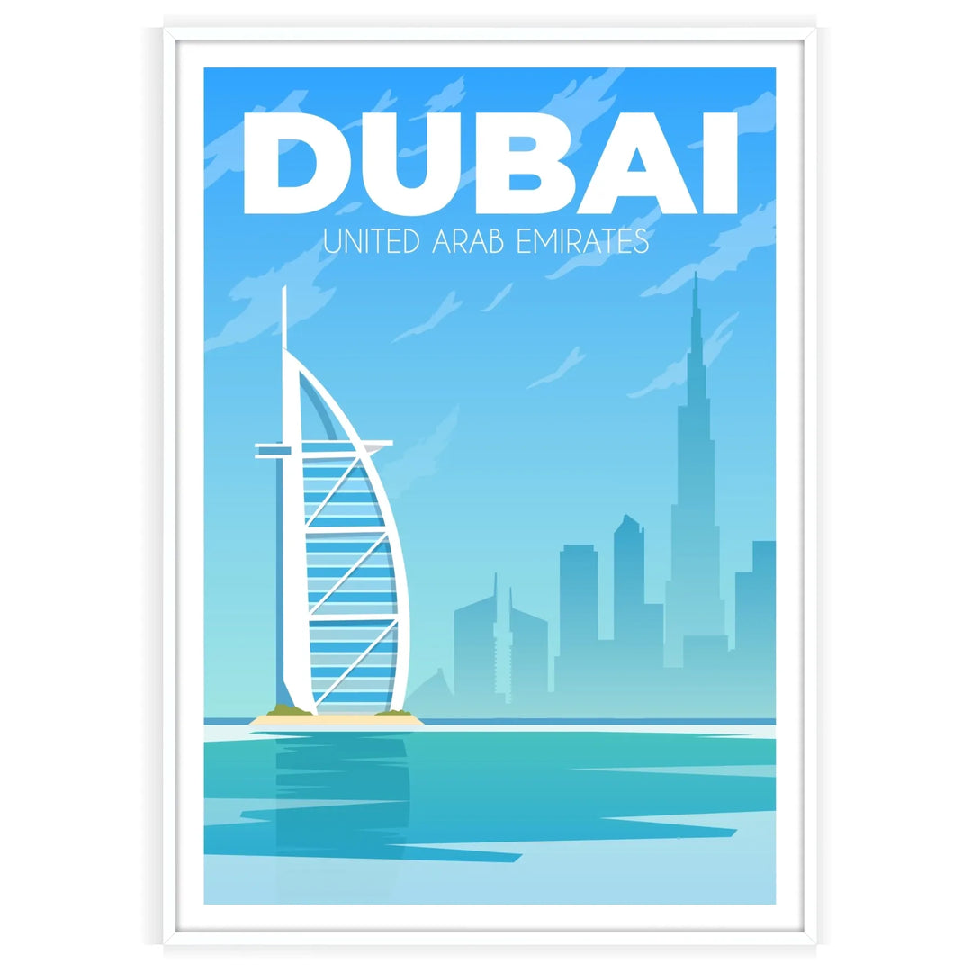 En panoramavy av Dubais skyline vid skymningen, med moderna skyskrapor och en gradient av blått och grått. - i en vit ram