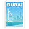En panoramavy av Dubais skyline vid skymningen, med moderna skyskrapor och en gradient av blått och grått. - i en vit ram