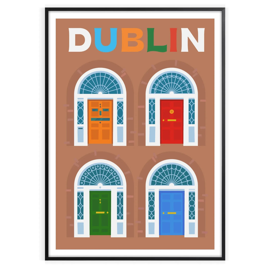 A colorful illustration of Dublin's skyline with green and blue tones