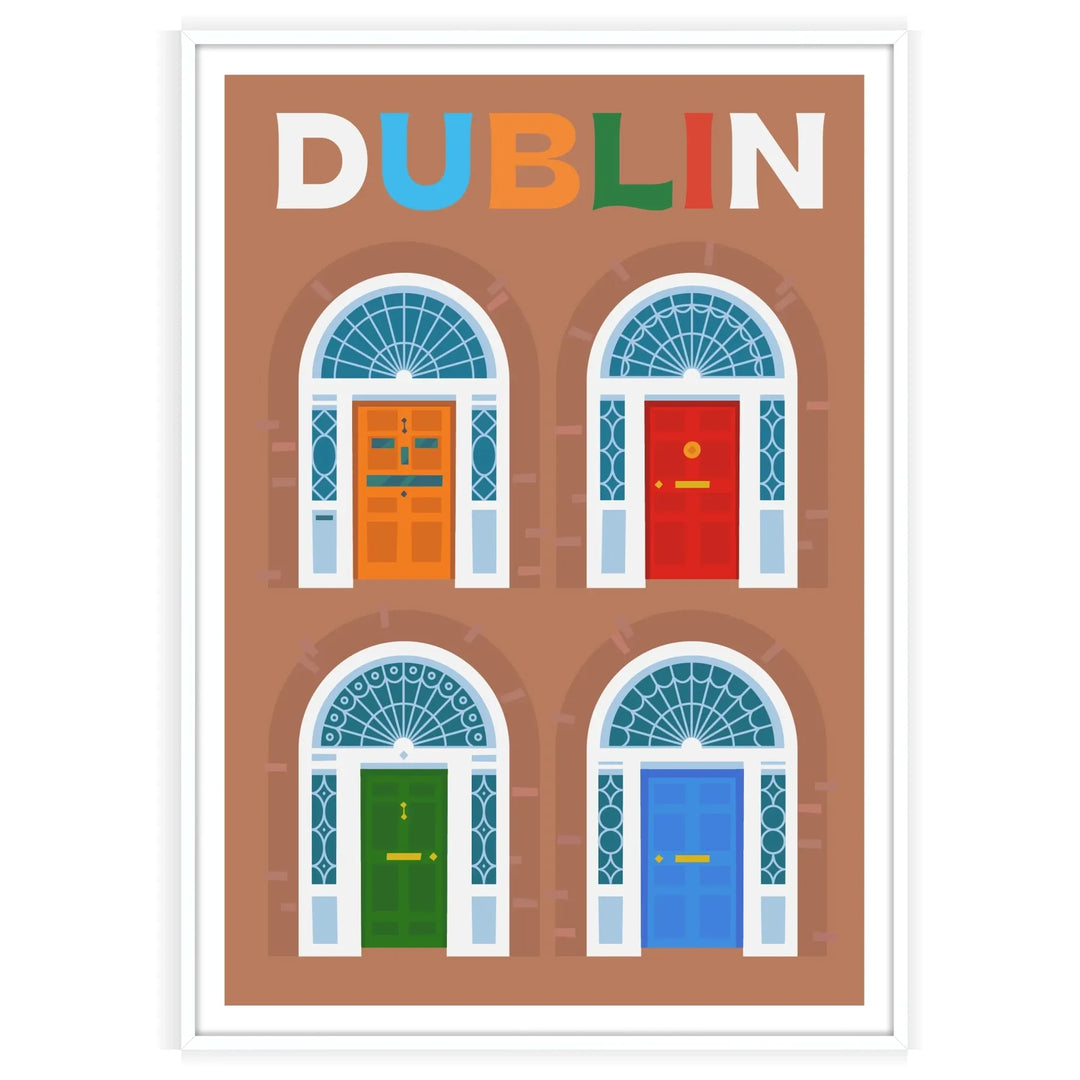 Una ilustración colorida del horizonte de Dublín con tonos verdes y azules - en un marco blanco