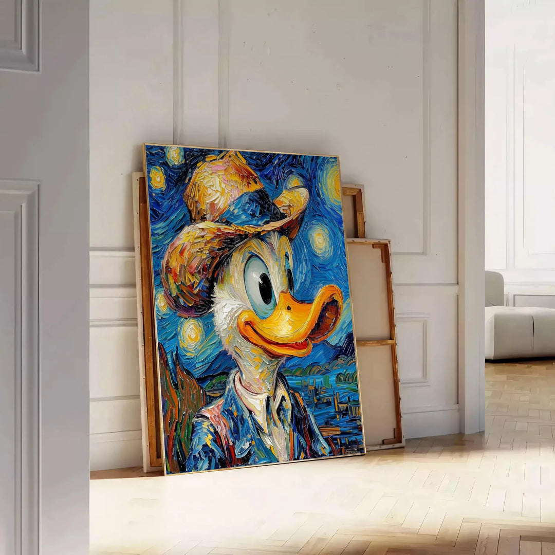 Impressionist painting of a duck in green and blue tones - leaning on a herringbone floor against a white panelled wall