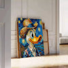 Impressionist painting of a duck in green and blue tones - leaning on a herringbone floor against a white panelled wall