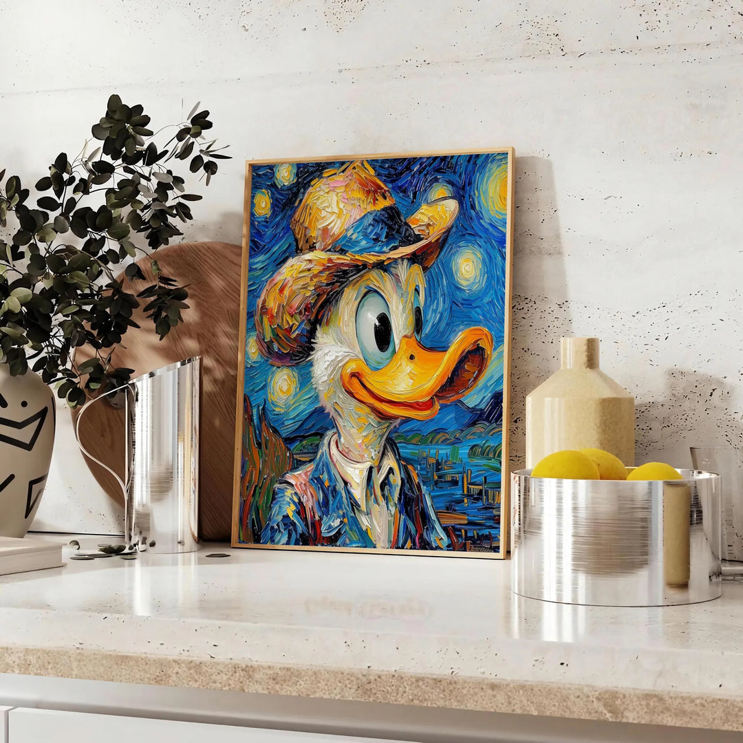 Impressionist painting of a duck in green and blue tones - styled on a counter with eucalyptus and a bowl of lemons