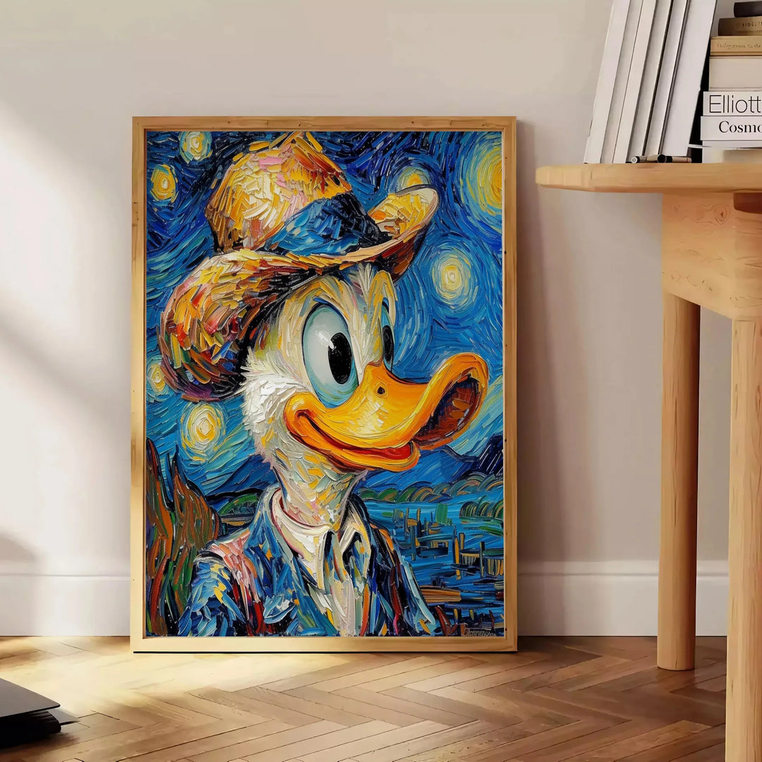 Impressionist painting of a duck in green and blue tones - beside a round wooden side table with books