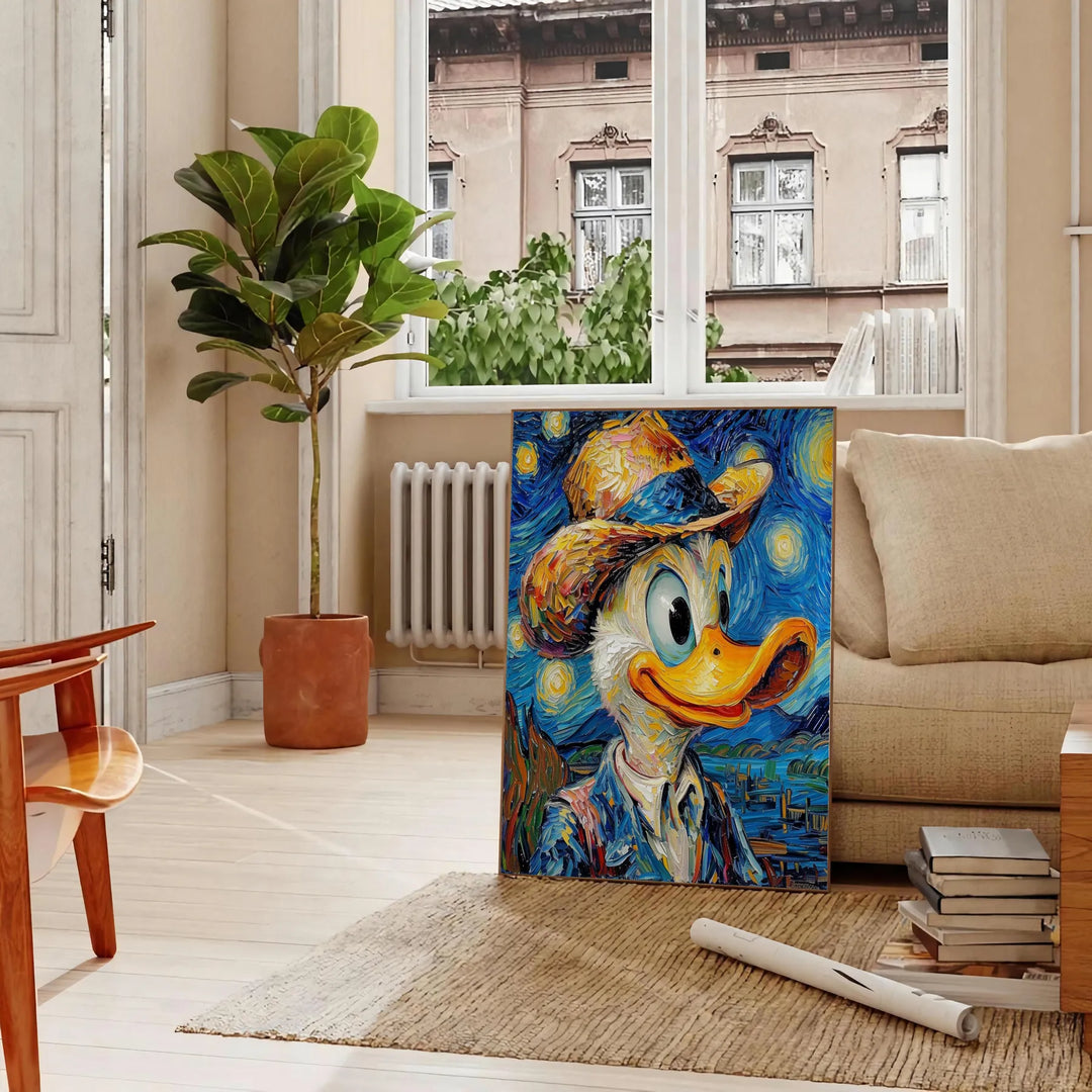 Impressionist painting of a duck in green and blue tones - in a Parisian living room with a sofa and a fig plant