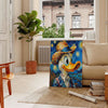 Impressionist painting of a duck in green and blue tones - in a Parisian living room with a sofa and a fig plant