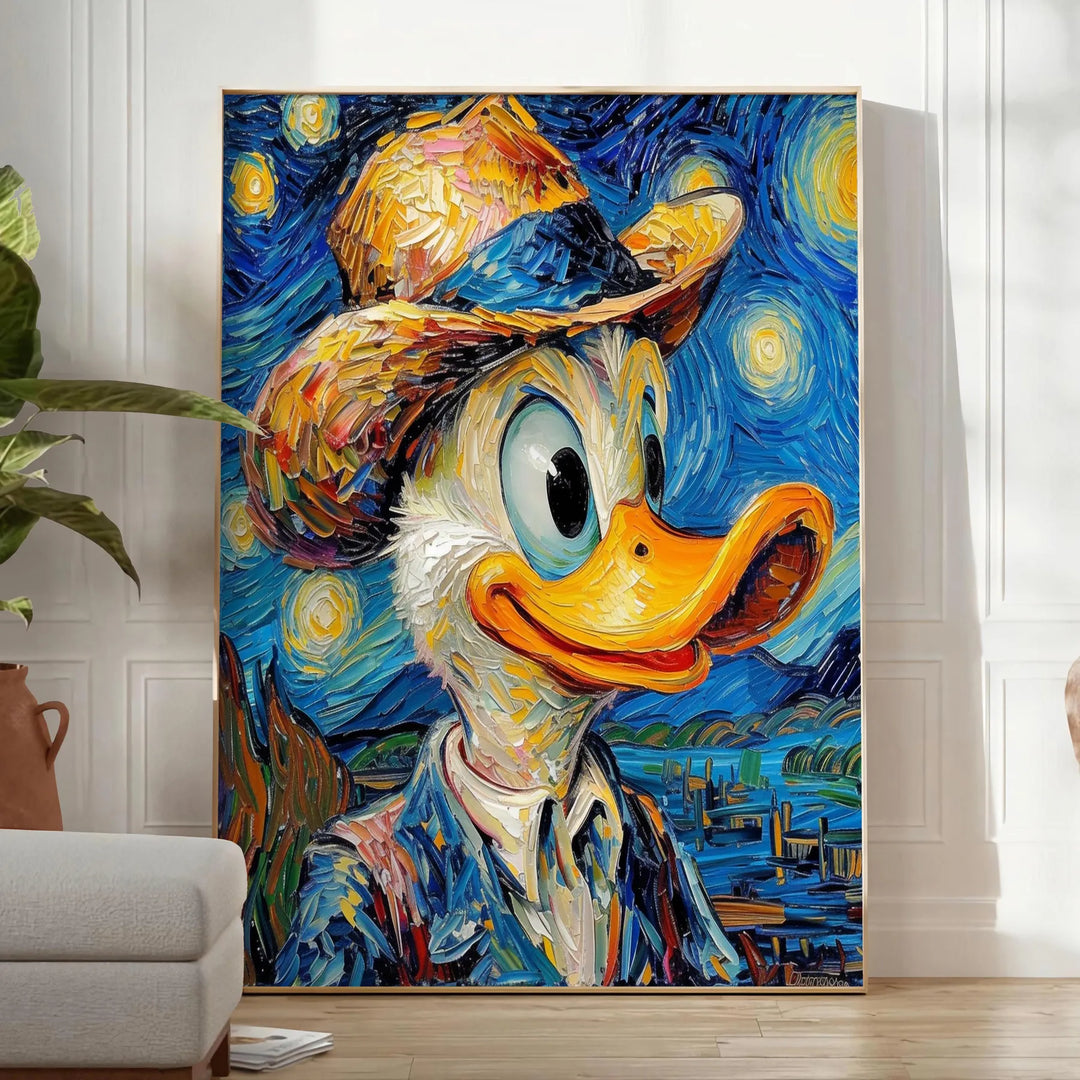 Impressionist painting of a duck in green and blue tones - in a bright minimalist room with a plant and an armchair