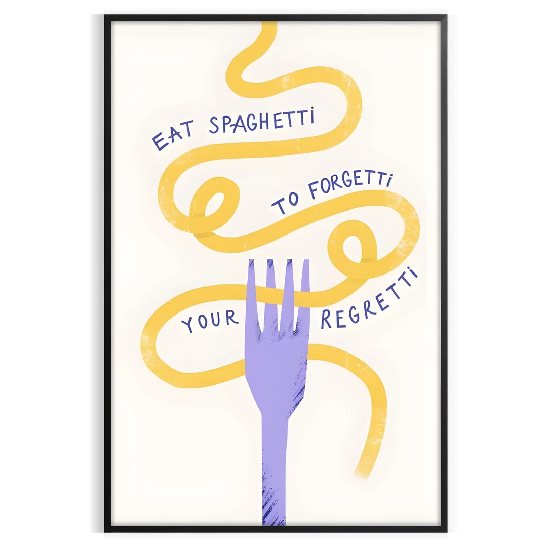 Illustration of spaghetti in a bowl with playful text on a yellow background