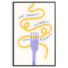 Illustration of spaghetti in a bowl with playful text on a yellow background - in a black frame