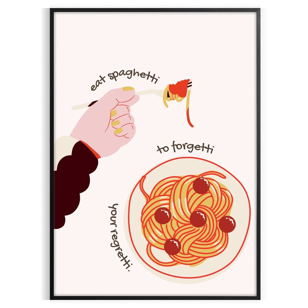 Playful kitchen print featuring spaghetti and whimsical lettering on a yellow background