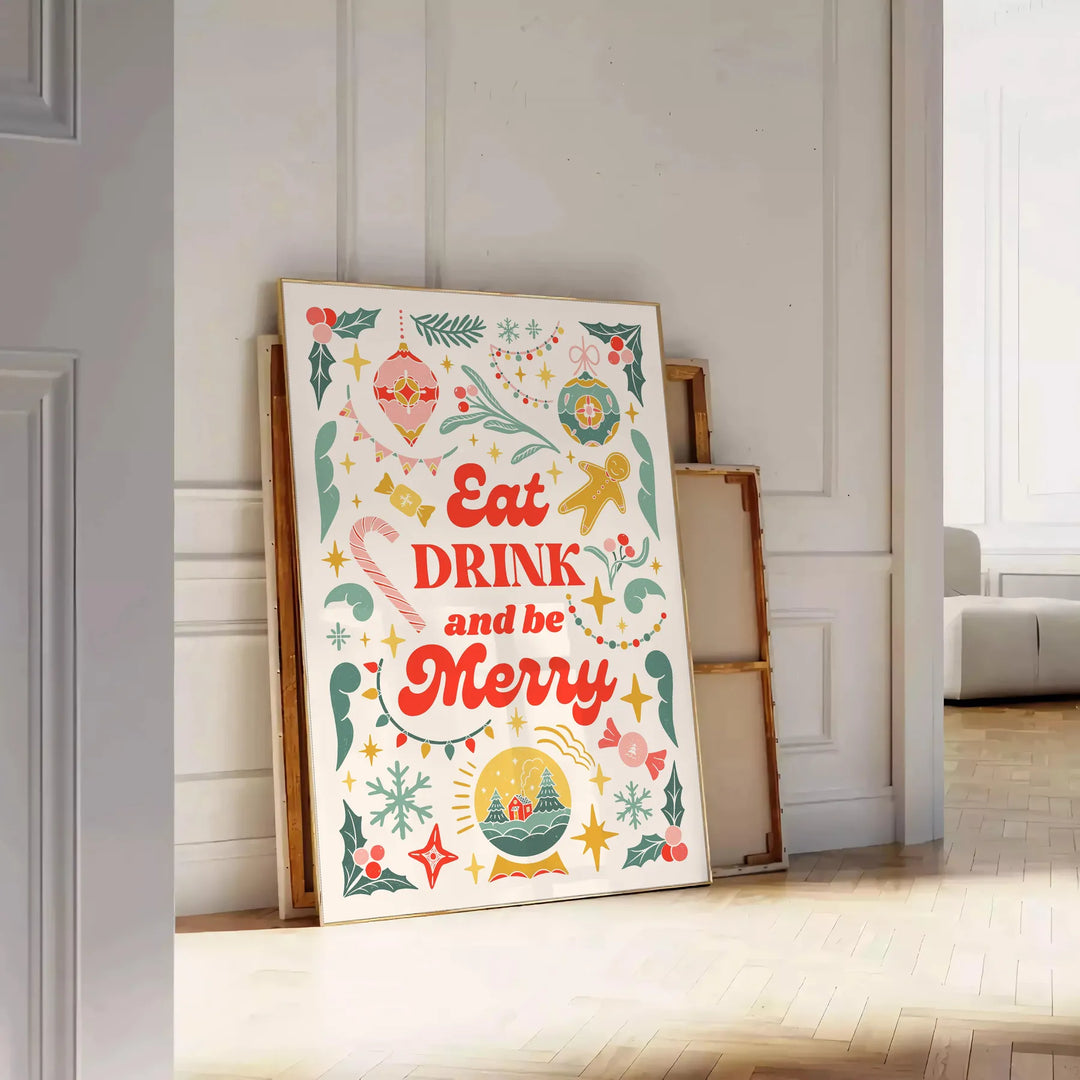 Poster da cucina con tipografia giocosa in tonalità grigie e verdi - appoggiato su un pavimento a spina di pesce contro una parete a pannelli