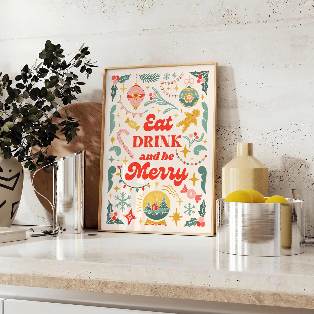 Poster da cucina con tipografia giocosa in tonalità grigie e verdi - su un piano con eucalipto e una ciotola di limoni