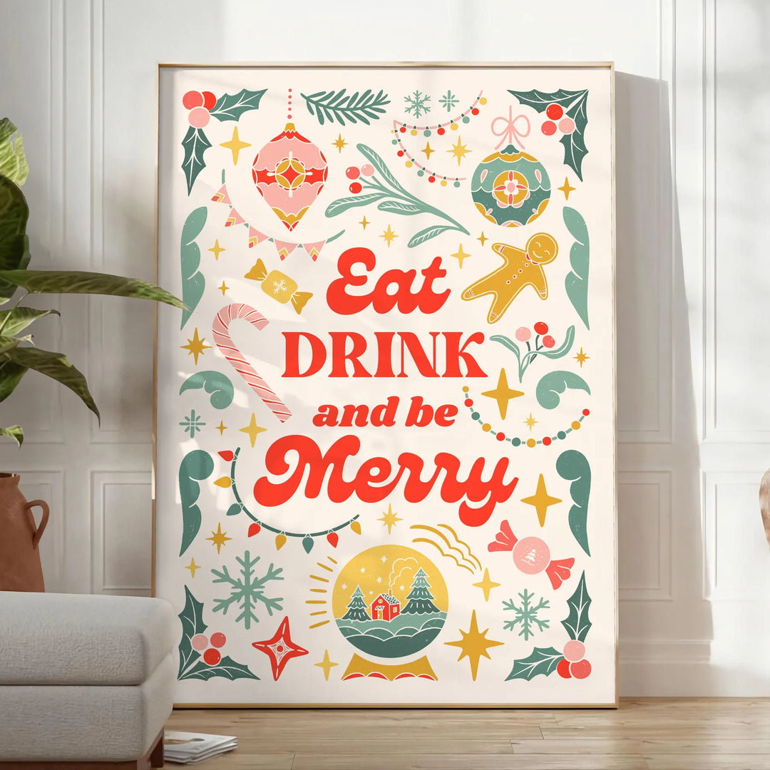 Poster da cucina con tipografia giocosa in tonalità grigie e verdi - in una stanza luminosa e minimalista con pianta e poltrona