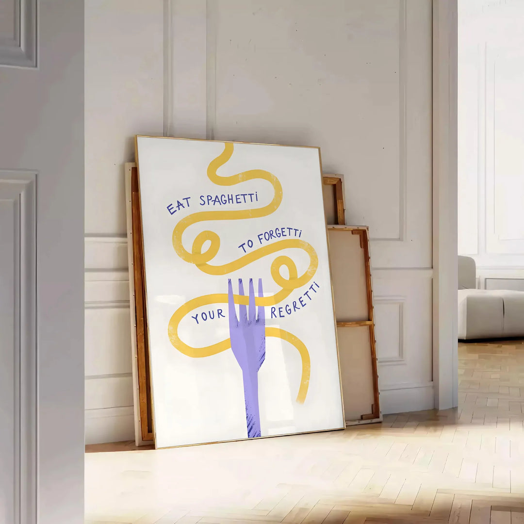 Illustration of spaghetti in a bowl with playful text on a yellow background - leaning on a herringbone floor against a white panelled wall