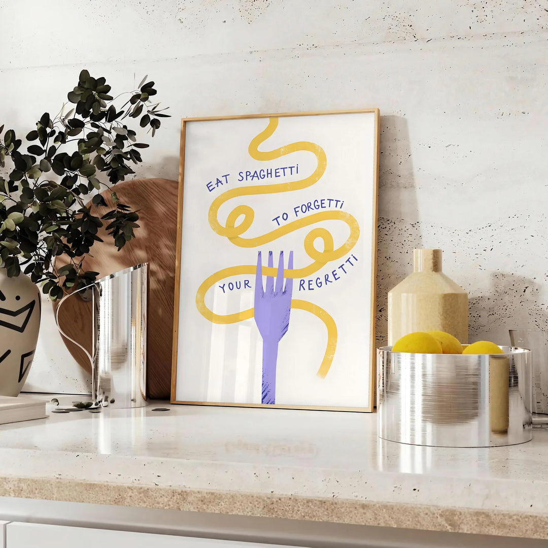 Illustration of spaghetti in a bowl with playful text on a yellow background - styled on a counter with eucalyptus and a bowl of lemons