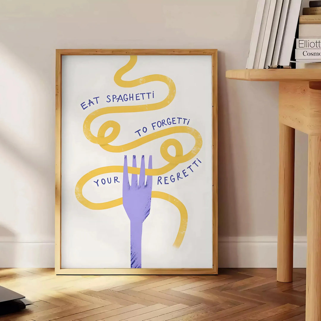 Illustration of spaghetti in a bowl with playful text on a yellow background - beside a round wooden side table with books