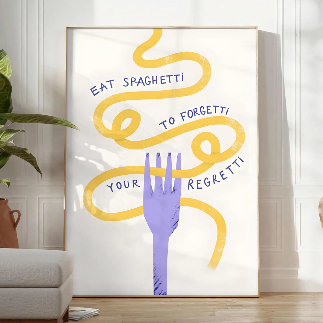 Illustration of spaghetti in a bowl with playful text on a yellow background - in a bright minimalist room with a plant and an armchair