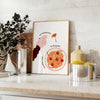 Playful kitchen print featuring spaghetti and whimsical lettering on a yellow background - styled on a counter with eucalyptus and a bowl of lemons