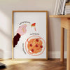 Playful kitchen print featuring spaghetti and whimsical lettering on a yellow background - beside a round wooden side table with books