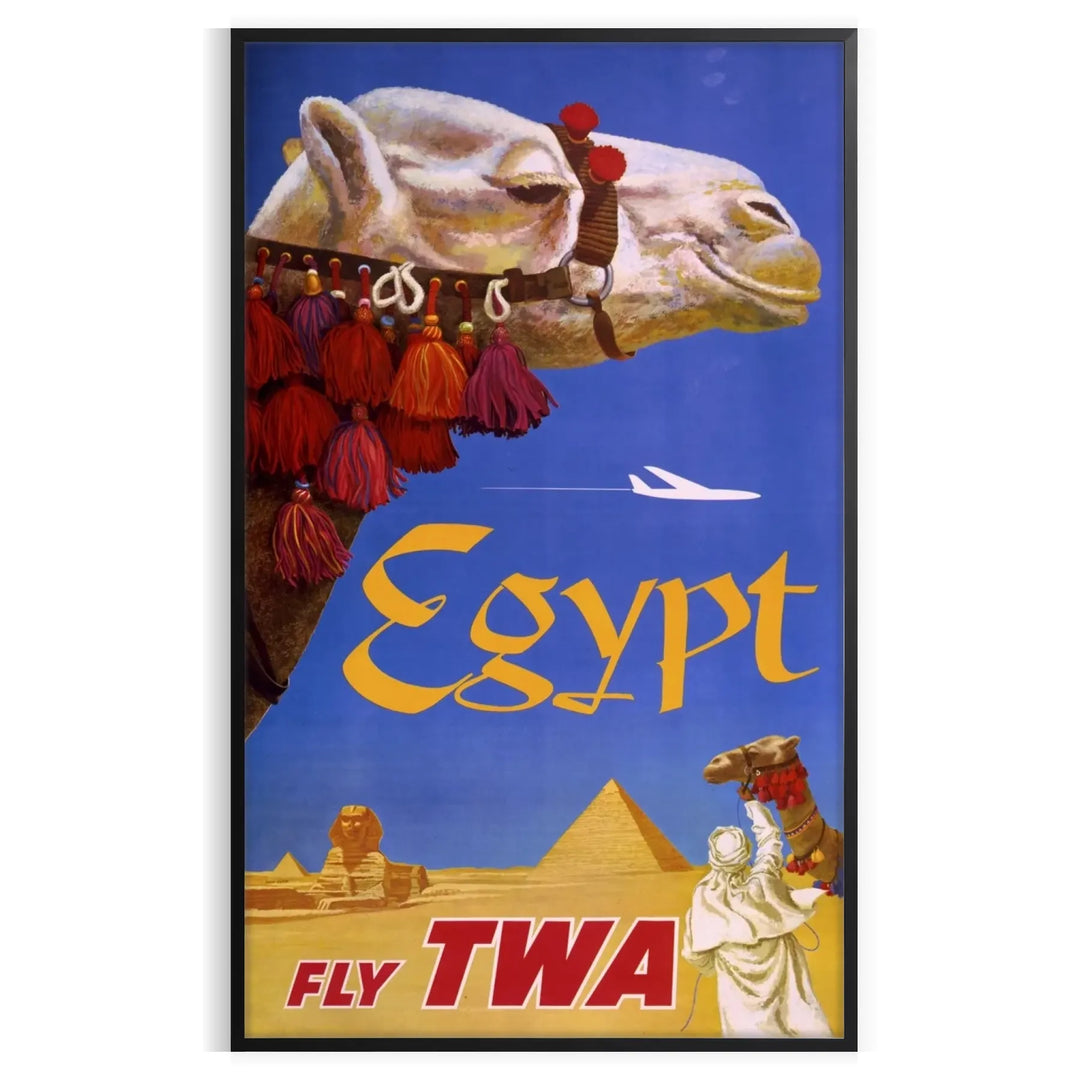 Vintage TWA travel poster featuring ancient Egyptian motifs in gray and green