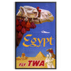 Vintage TWA travel poster featuring ancient Egyptian motifs in gray and green - in a black frame