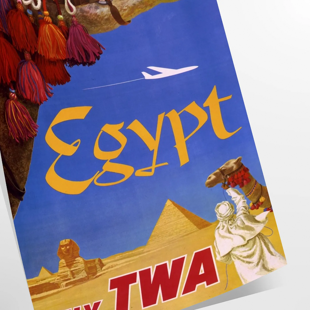 Vintage TWA travel poster featuring ancient Egyptian motifs in gray and green