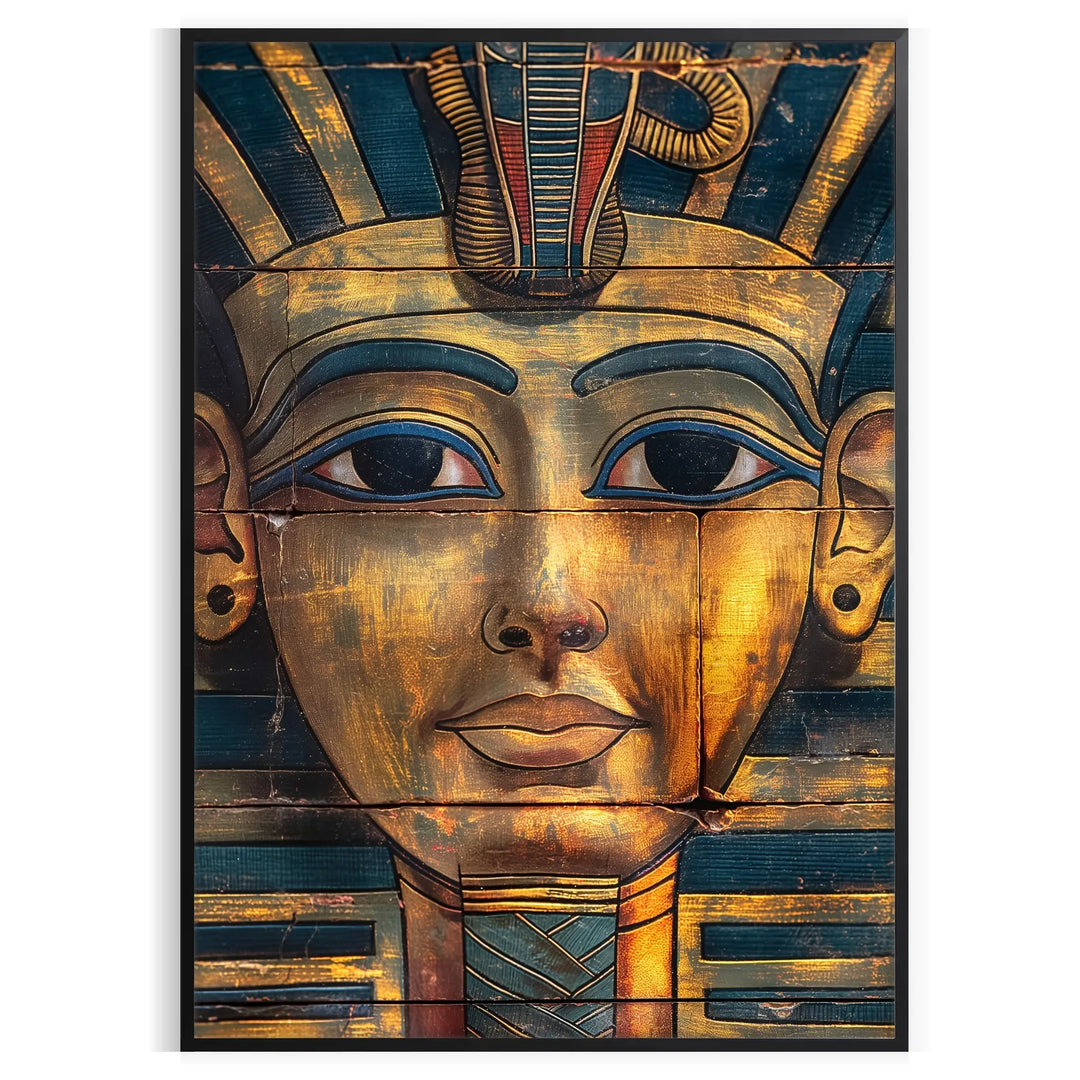 Ancient Egyptian artwork featuring hieroglyphics and symbols in green and orange tones