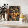 Ancient Egyptian artwork featuring hieroglyphics and symbols in green and orange tones - styled on a counter with eucalyptus and a bowl of lemons