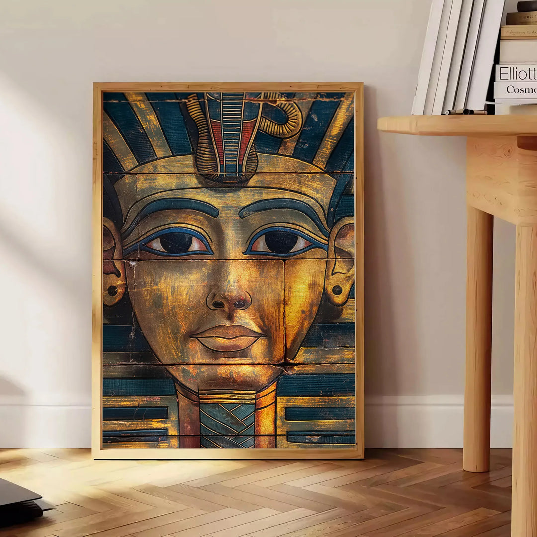 Ancient Egyptian artwork featuring hieroglyphics and symbols in green and orange tones - beside a round wooden side table with books