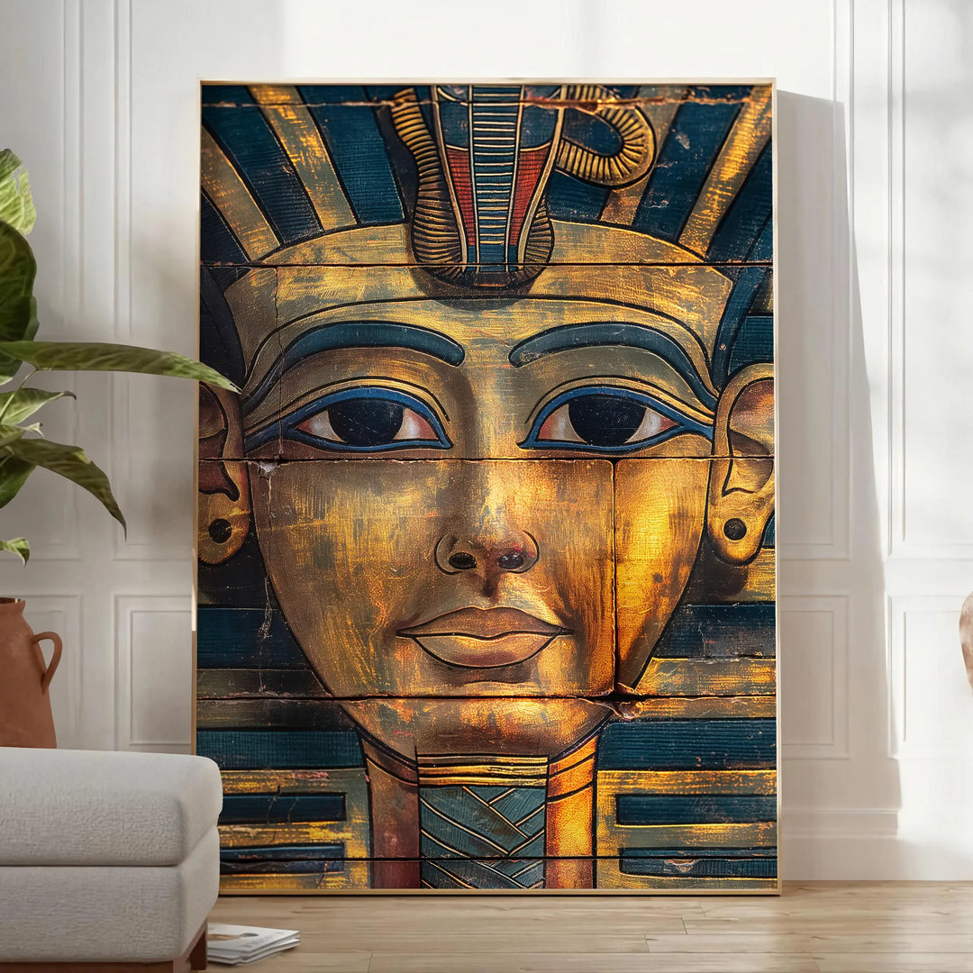Ancient Egyptian artwork featuring hieroglyphics and symbols in green and orange tones - in a bright minimalist room with a plant and an armchair