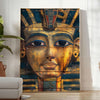 Ancient Egyptian artwork featuring hieroglyphics and symbols in green and orange tones - in a bright minimalist room with a plant and an armchair