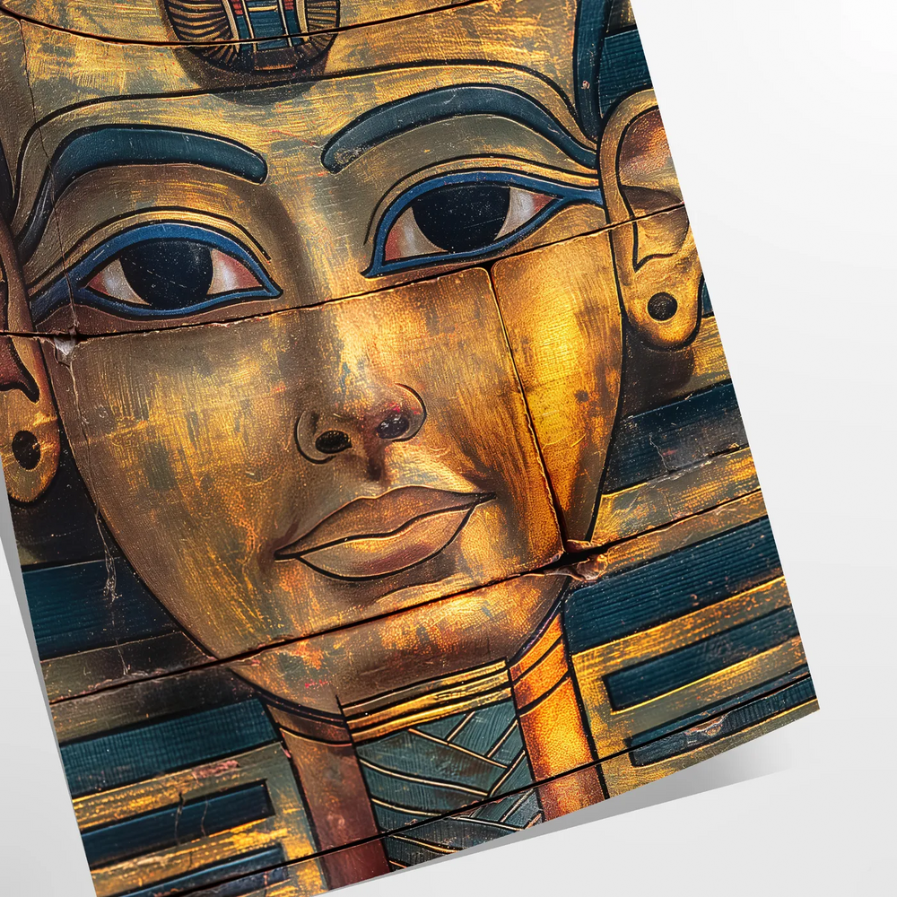 Ancient Egyptian artwork featuring hieroglyphics and symbols in green and orange tones