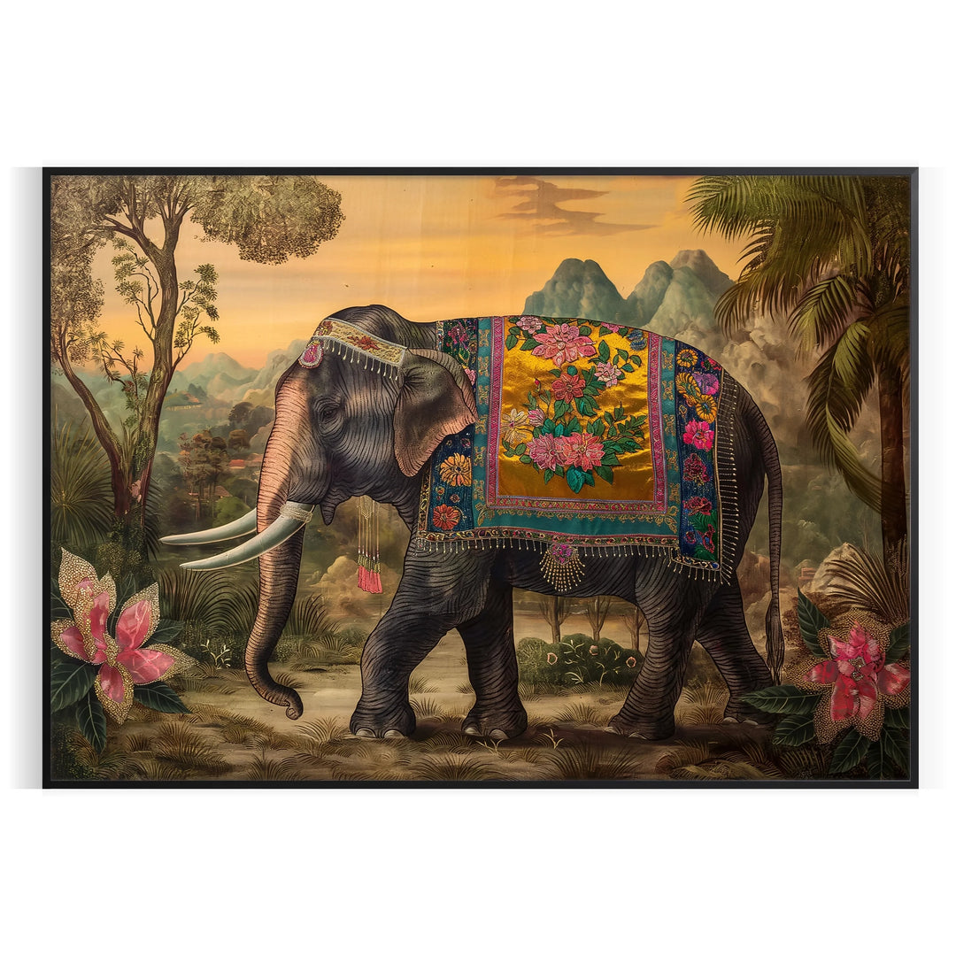 A stylized elephant illustration in green and yellow tones