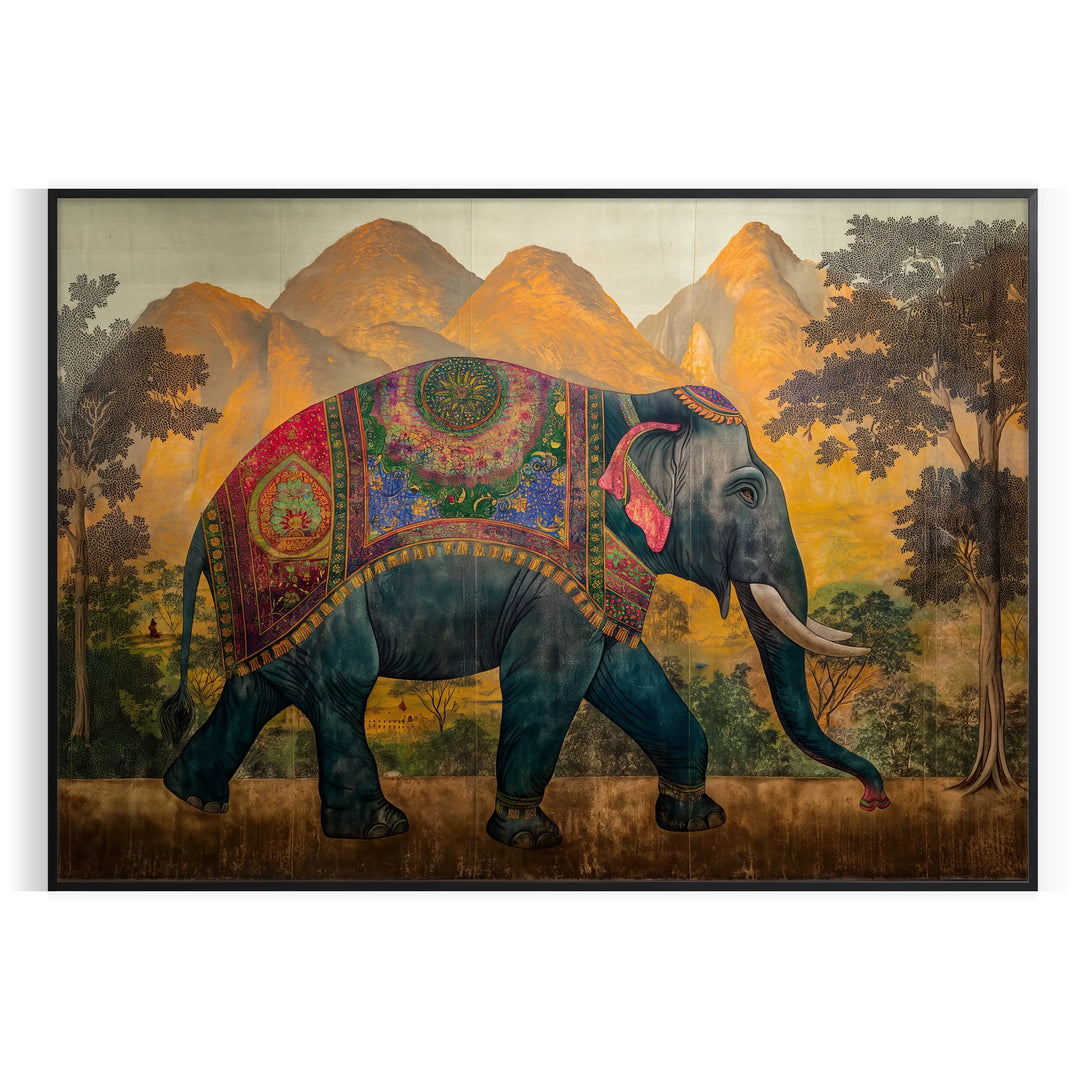 A gray elephant stands against a green background in a modern animal print style