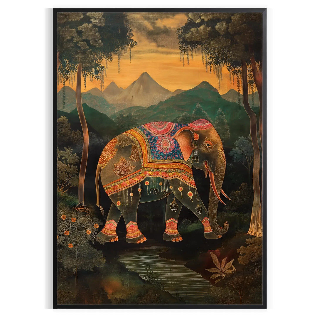 A colorful elephant illustration with green and orange hues. - in a black frame