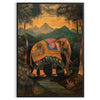 A colorful elephant illustration with green and orange hues. - in a black frame