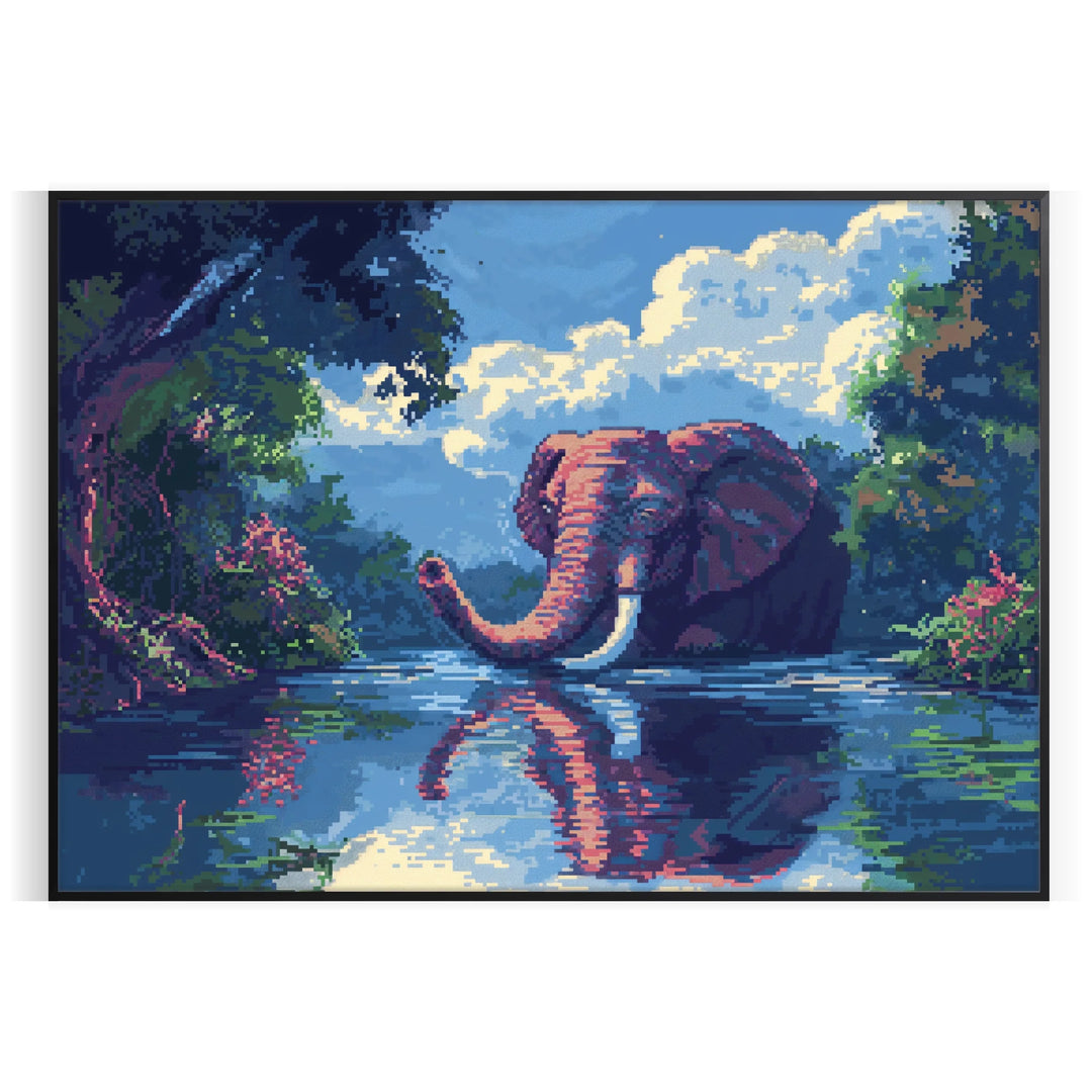 A stylized elephant in shades of green and blue against a textured background