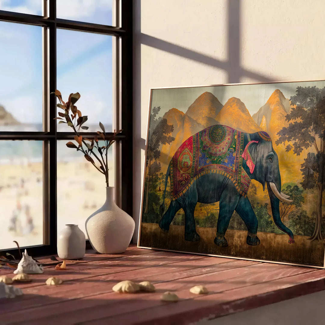 Um elefante cinza se destaca contra um fundo verde em um estilo moderno de impressão animal - encostado num chão de espinha contra uma parede de painéis