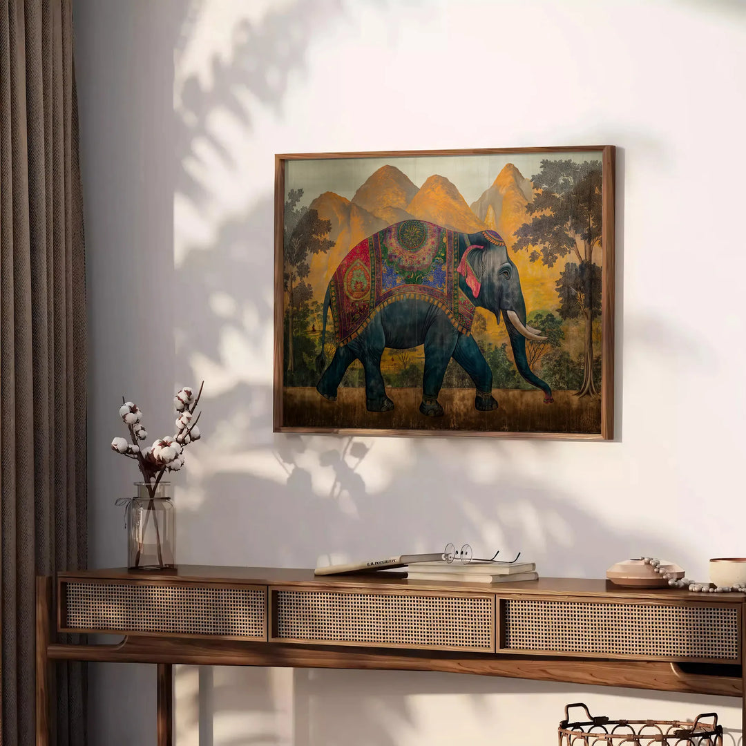 Um elefante cinza se destaca contra um fundo verde em um estilo moderno de impressão animal - sobre uma bancada com eucalipto e uma taça de limões