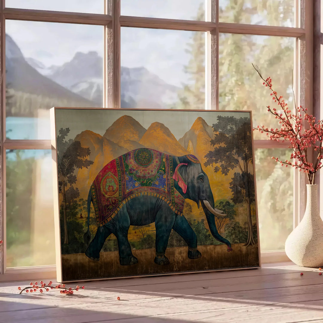 Um elefante cinza se destaca contra um fundo verde em um estilo moderno de impressão animal - ao lado de uma mesa de apoio redonda em madeira com livros