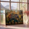 Um elefante cinza se destaca contra um fundo verde em um estilo moderno de impressão animal - ao lado de uma mesa de apoio redonda em madeira com livros