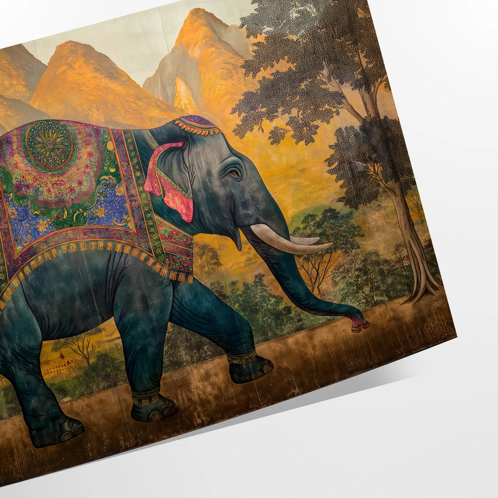 A gray elephant stands against a green background in a modern animal print style