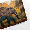 Um elefante cinza se destaca contra um fundo verde em um estilo moderno de impressão animal - como impressão enrolada, sem moldura