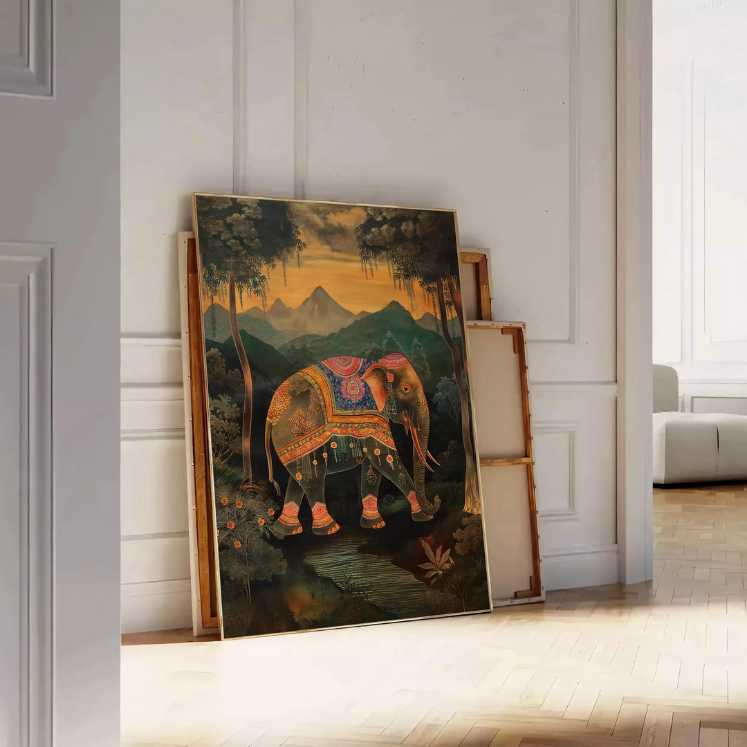 A colorful elephant illustration with green and orange hues. - leaning on a herringbone floor against a white panelled wall