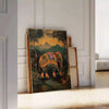 A colorful elephant illustration with green and orange hues. - leaning on a herringbone floor against a white panelled wall
