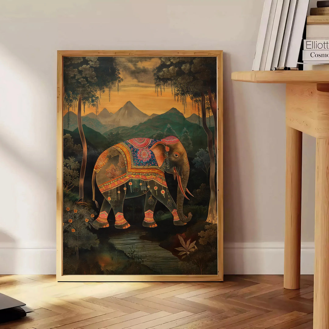 A colorful elephant illustration with green and orange hues. - beside a round wooden side table with books