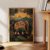 A colorful elephant illustration with green and orange hues. - beside a round wooden side table with books